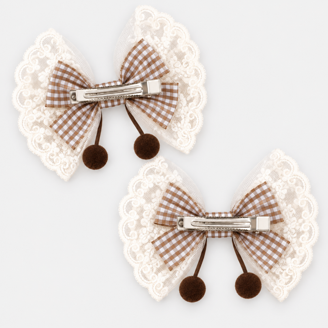Harriet Gingham Lace Bow Hair Clip Set
