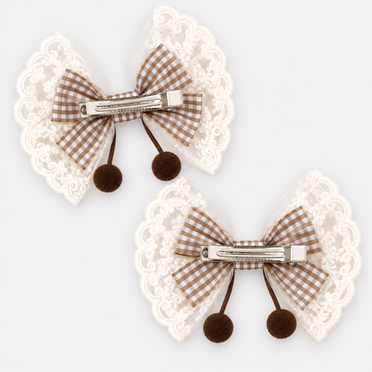 Harriet Gingham Lace Bow Hair Clip Set