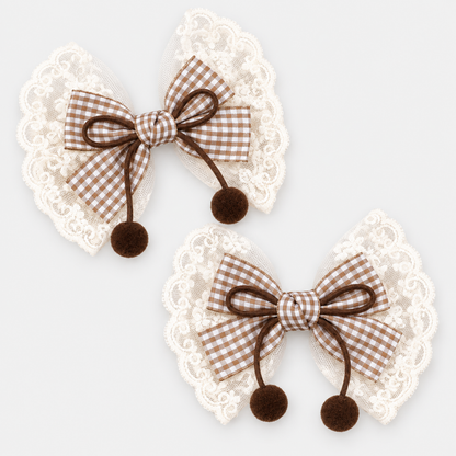 Harriet Gingham Lace Bow Hair Clip Set