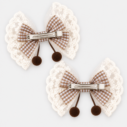 Harriet Gingham Lace Bow Hair Clip Set